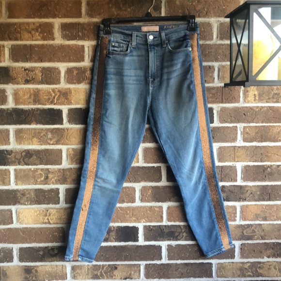 7 For All Mankind Luxe Vintage High Waist Ankle Skinny Rose Gold Stripe Jeans - Picture 4 of 10
